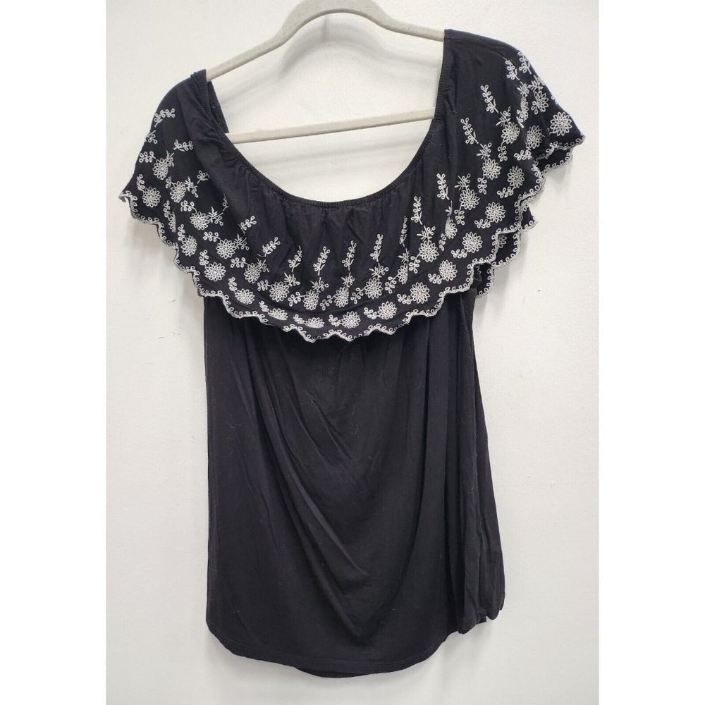 Adrianna Papell Black Blouse with White Embroidery